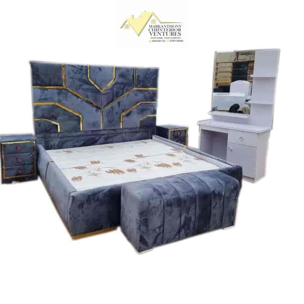 colorful 6 by 6 padded bedframes with bedsides and Ottoman
